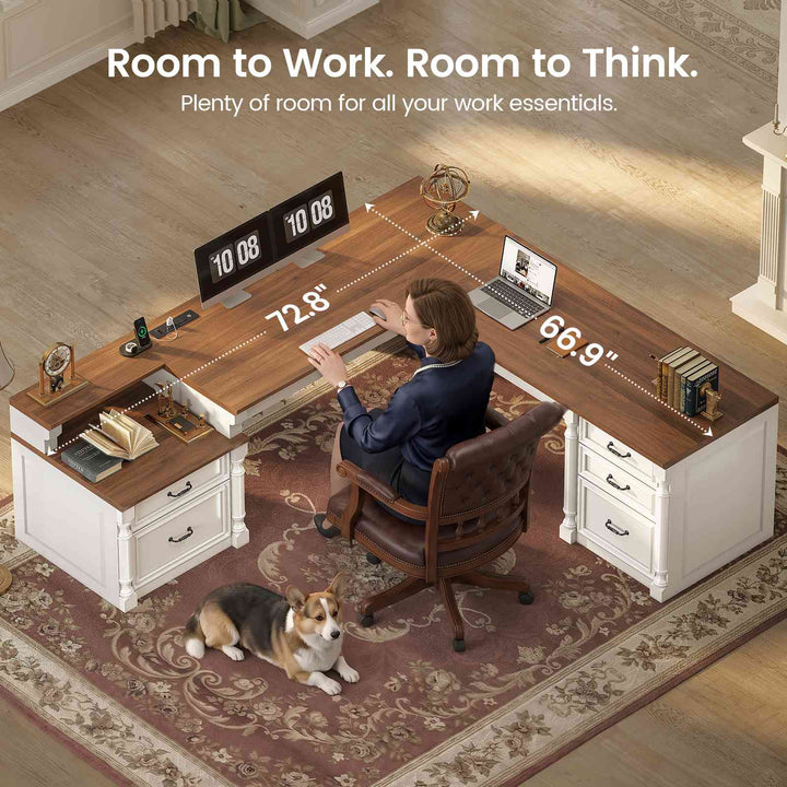 SEDETA | 72.8 Inch Executive Desk with 5 Storage Drawers Charging Station L Shaped Home Office Computer Desk with Printer Shelf Corner Writing Desk Study Table