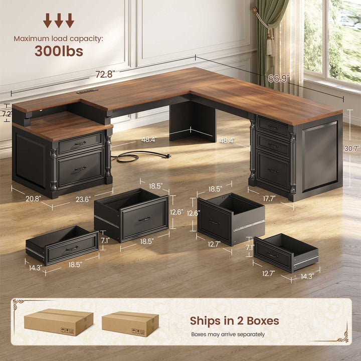 SEDETA | 72.8 Inch Executive Desk with 5 Storage Drawers Charging Station L Shaped Home Office Computer Desk with Printer Shelf Corner Writing Desk Study Table