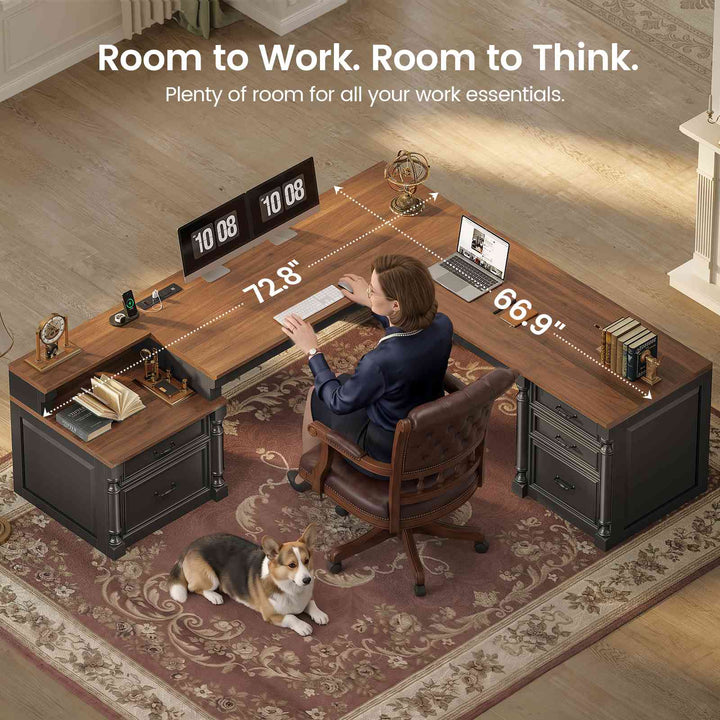 SEDETA | 72.8 Inch Executive Desk with 5 Storage Drawers Charging Station L Shaped Home Office Computer Desk with Printer Shelf Corner Writing Desk Study Table