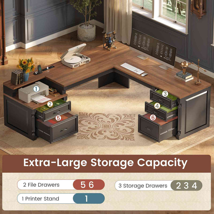 SEDETA | 72.8 Inch Executive Desk with 5 Storage Drawers Charging Station L Shaped Home Office Computer Desk with Printer Shelf Corner Writing Desk Study Table