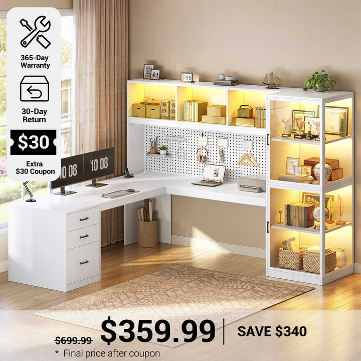 SEDETA® 63 Inch L Shaped Gaming Desk with 3 Drawers Led Lights Glass Display Cabinet Pegboard Computer Desk with File Drawer Power Outlet Storage Shelves for Home Office Corner Bedroom