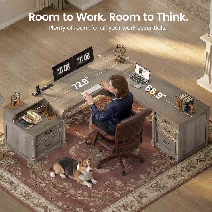 SEDETA | 72.8 Inch Executive Desk with 5 Storage Drawers Charging Station L Shaped Home Office Computer Desk with Printer Shelf Corner Writing Desk Study Table