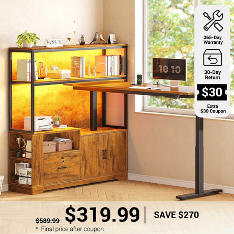 SEDETA® 56.7 Inch L Shaped Height Adjustable Electric Standing Desk Computer Gaming Desk with LED Lights Drawers Power Outlets