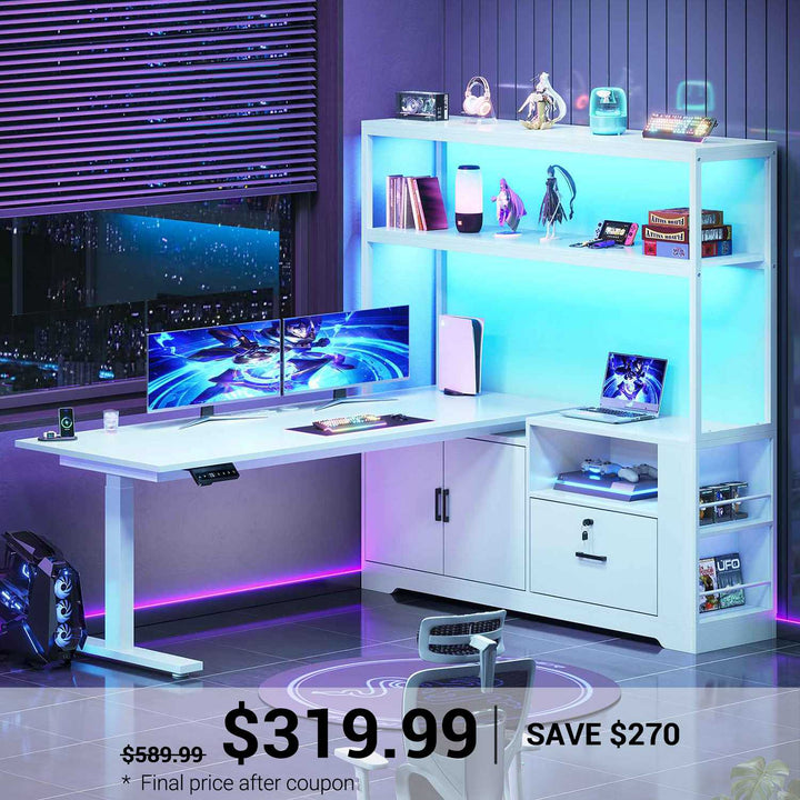 SEDETA® 56.7 Inch L Shaped Height Adjustable Electric Standing Desk Computer Gaming Desk with LED Lights Drawers Power Outlets
