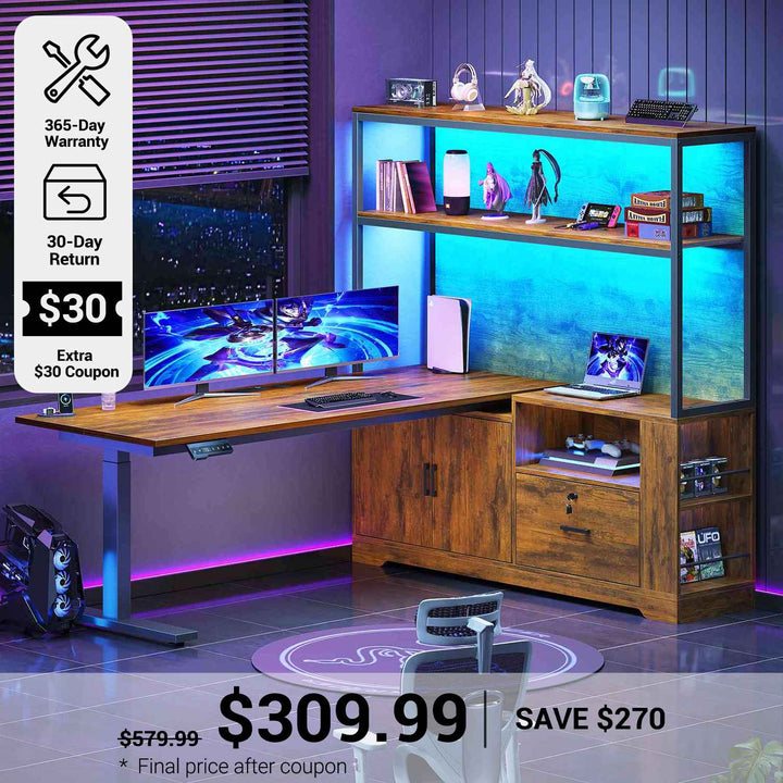 SEDETA | 56.7 Inch L Shaped Standing Desk Computer Desk Height Adjustable Electric Corner Gaming Desks with Power Outlets LED Lights