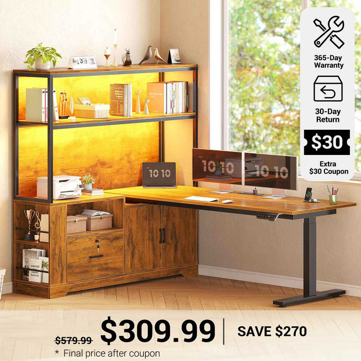 SEDETA | 56.7 Inch L Shaped Standing Desk Computer Desk Height Adjustable Electric Corner Gaming Desks with Power Outlets LED Lights