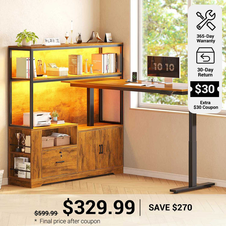 SEDETA 56.7 Inch Standing Desk Height Adjustable Electric L Shaped Stand Up Computer Gaming Desk with Drawers Hutch Power Outlets