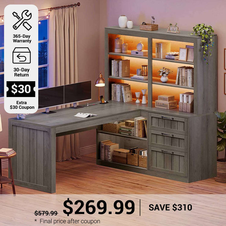 SEDETA 59 Inch Farmhouse Corner Computer Desk Wood Office L Shaped Desk with 3 Drawers 5-Tier Bookshelf Storage Shelves Power Outlet for Small Space