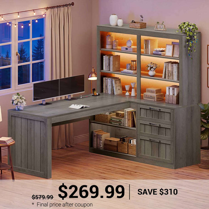 SEDETA 59 Inch Farmhouse Corner Computer Desk Wood Office L Shaped Desk with 3 Drawers 5-Tier Bookshelf Storage Shelves Power Outlet for Small Space