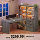 SEDETA 59 Inch Farmhouse Corner Computer Desk Wood Office L Shaped Desk with 3 Drawers 5-Tier Bookshelf Storage Shelves Power Outlet for Small Space