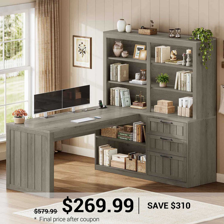 SEDETA 59 Inch Farmhouse Corner Computer Desk Wood Office L Shaped Desk with 3 Drawers 5-Tier Bookshelf Storage Shelves Power Outlet for Small Space