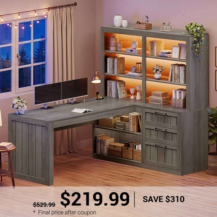 SEDETA® 59 Inch Farmhouse L Shaped Computer Desk Wood Corner Office Desk with Power Outlet Storage Shelves 5-Tier Bookshelf 3 Drawers for Small Space