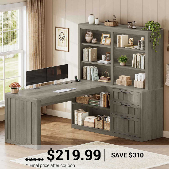 SEDETA® 59 Inch Farmhouse L Shaped Computer Desk Wood Corner Office Desk with Power Outlet Storage Shelves 5-Tier Bookshelf 3 Drawers for Small Space
