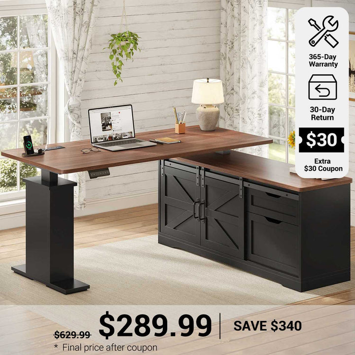SEDETA® 55 Inch Height Adjustable Farmhouse L Shaped Electric Standing Computer Desk with Power Outlets Storage Drawers