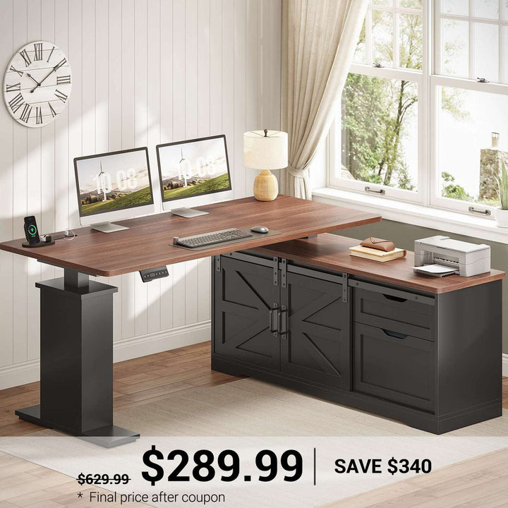 SEDETA® 55 Inch Height Adjustable Farmhouse L Shaped Electric Standing Computer Desk with Power Outlets Storage Drawers