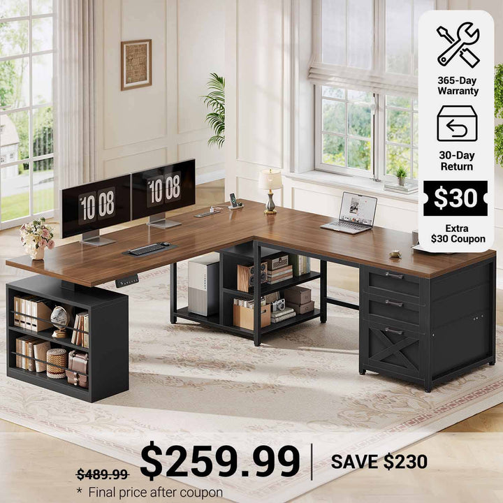 SEDETA® 63 Inch Height Adjustable Desk with 3 Fabric Drawers  L Shaped Electric Standing Desk for Office and Gaming Convertible L Shaped Desk or 2 Person Desk Sit Stand Desk with Power Outlet