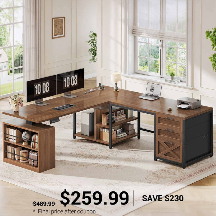 SEDETA | 63 Inch L Shaped Height Adjustable Desk with 3 Fabric Drawers Electric Standing Desk for Office and Gaming Convertible L Shaped Desk or 2 Person Desk Sit Stand Desk with Power Outlet