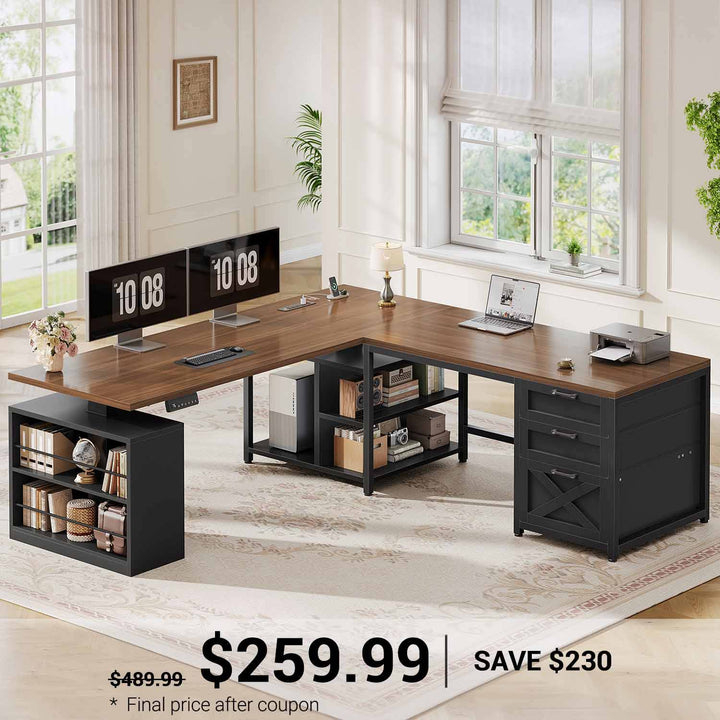 SEDETA | 63 Inch L Shaped Height Adjustable Desk with 3 Fabric Drawers Electric Standing Desk for Office and Gaming Convertible L Shaped Desk or 2 Person Desk Sit Stand Desk with Power Outlet