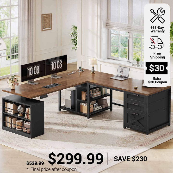 SEDETA 63 Inch L Shaped Electric Standing Desk with 3 Drawers for Office and Gaming Height Adjustable Desk with 3 Fabric Drawers Convertible L Shaped Desk or 2 Person Desk Sit Stand Desk