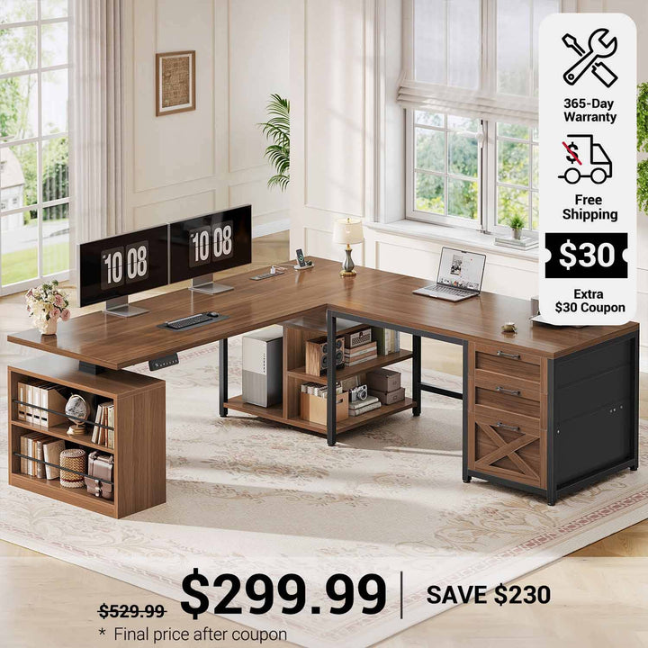 SEDETA 63 Inch L Shaped Electric Standing Desk with 3 Drawers for Office and Gaming Height Adjustable Desk with 3 Fabric Drawers Convertible L Shaped Desk or 2 Person Desk Sit Stand Desk