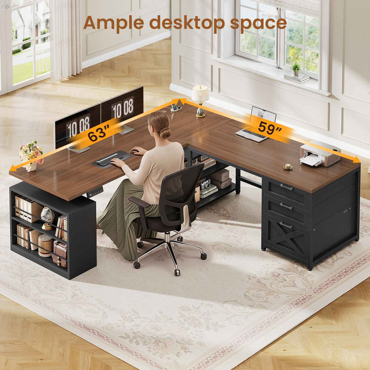 SEDETA 63 Inch L Shaped Electric Standing Desk with 3 Drawers for Office and Gaming Height Adjustable Desk with 3 Fabric Drawers Convertible L Shaped Desk or 2 Person Desk Sit Stand Desk