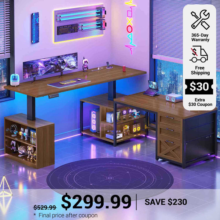 SEDETA 63 Inch L Shaped Electric Standing Desk with 3 Drawers for Office and Gaming Height Adjustable Desk with 3 Fabric Drawers Convertible L Shaped Desk or 2 Person Desk Sit Stand Desk