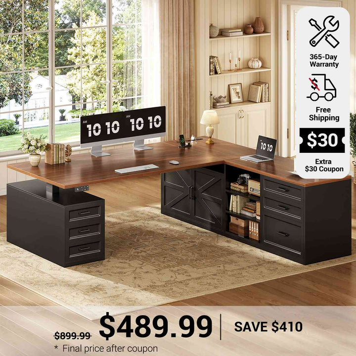 SEDETA 71 Inch Executive L Shaped Electric Standing Desk with 6 Drawers Height Adjustable Office Desk with Power Outlet Sit Stand Large Computer Desk with Storage Shelves