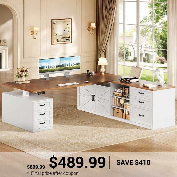 SEDETA 71 Inch Executive L Shaped Electric Standing Desk with 6 Drawers Height Adjustable Office Desk with Power Outlet Sit Stand Large Computer Desk with Storage Shelves
