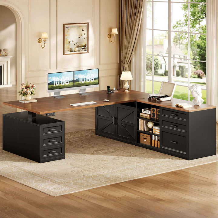 SEDETA® 71 Inch Height Adjustable Electric Standing Desk with 6 Drawers L Shaped Office Desk with Power Outlet Sit Stand Large Computer Desk with Storage Shelves
