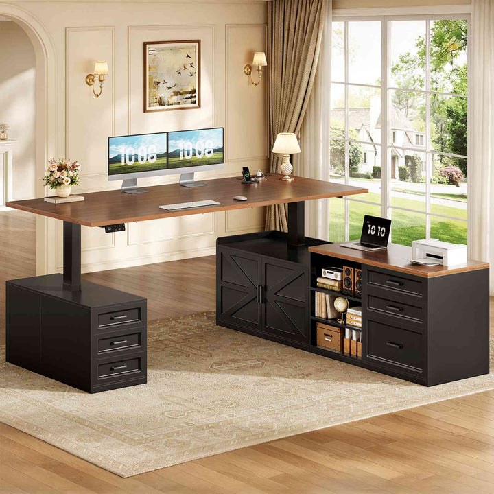 SEDETA® 71 Inch Height Adjustable Electric Standing Desk with 6 Drawers L Shaped Office Desk with Power Outlet Sit Stand Large Computer Desk with Storage Shelves
