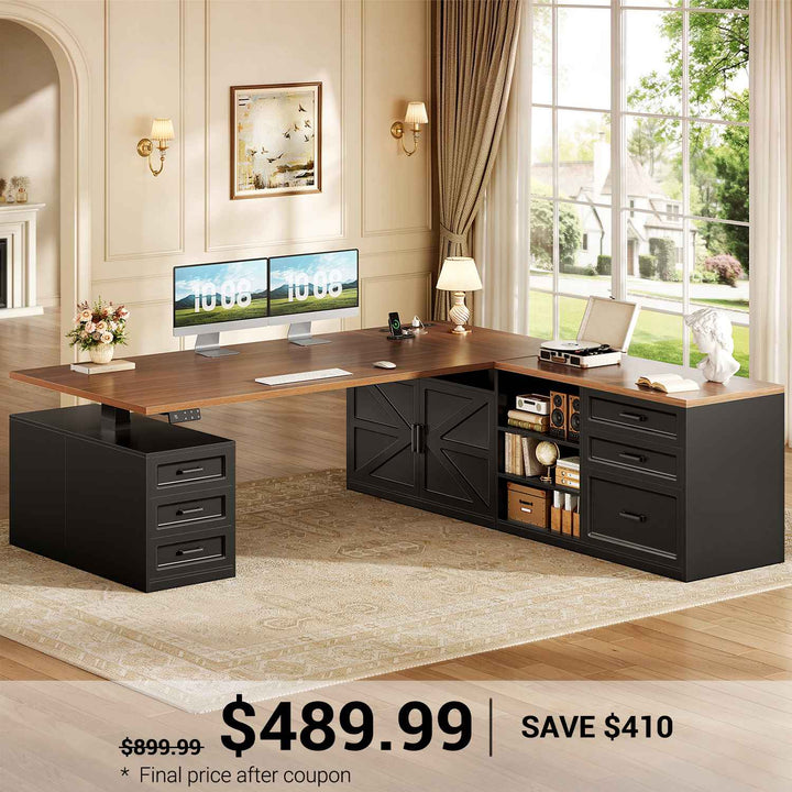 SEDETA 71 Inch Executive L Shaped Electric Standing Desk with 6 Drawers Height Adjustable Office Desk with Power Outlet Sit Stand Large Computer Desk with Storage Shelves