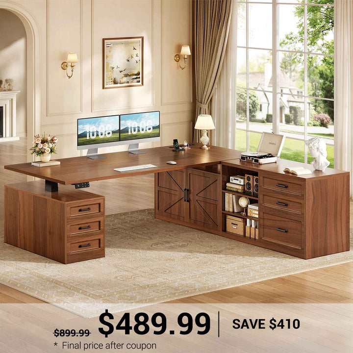 SEDETA 71 Inch Executive L Shaped Electric Standing Desk with 6 Drawers Height Adjustable Office Desk with Power Outlet Sit Stand Large Computer Desk with Storage Shelves