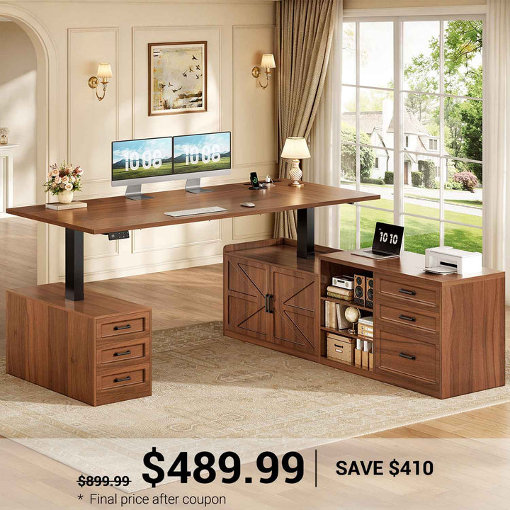 SEDETA 71 Inch Executive L Shaped Electric Standing Desk with 6 Drawers Height Adjustable Office Desk with Power Outlet Sit Stand Large Computer Desk with Storage Shelves
