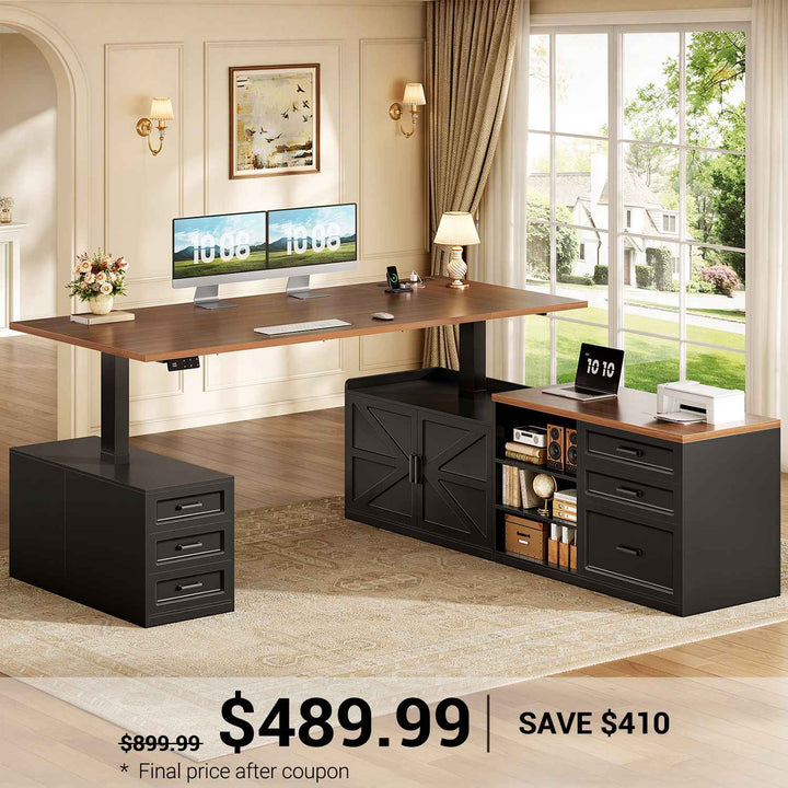 SEDETA 71 Inch Executive L Shaped Electric Standing Desk with 6 Drawers Height Adjustable Office Desk with Power Outlet Sit Stand Large Computer Desk with Storage Shelves