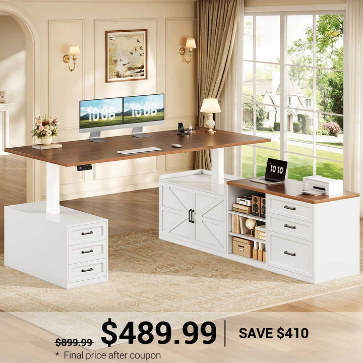 SEDETA 71 Inch Executive L Shaped Electric Standing Desk with 6 Drawers Height Adjustable Office Desk with Power Outlet Sit Stand Large Computer Desk with Storage Shelves