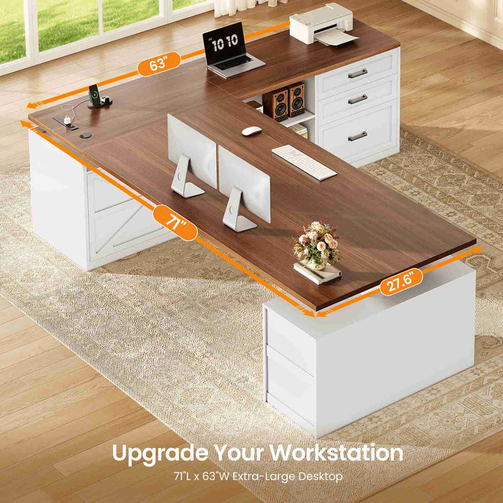 SEDETA® 71 Inch Height Adjustable Electric Standing Desk with 6 Drawers L Shaped Office Desk with Power Outlet Sit Stand Large Computer Desk with Storage Shelves