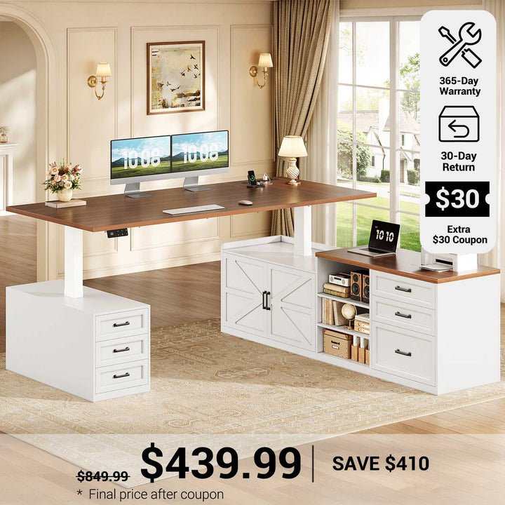 SEDETA® 71 Inch Height Adjustable Electric Standing Desk with 6 Drawers L Shaped Office Desk with Power Outlet Sit Stand Large Computer Desk with Storage Shelves