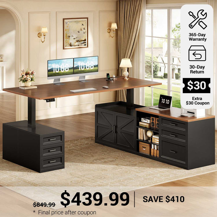 SEDETA® 71 Inch Height Adjustable Electric Standing Desk with 6 Drawers L Shaped Office Desk with Power Outlet Sit Stand Large Computer Desk with Storage Shelves