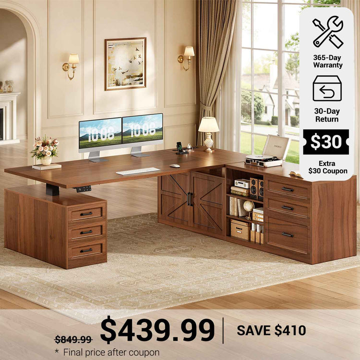 SEDETA® 71 Inch Height Adjustable Electric Standing Desk with 6 Drawers L Shaped Office Desk with Power Outlet Sit Stand Large Computer Desk with Storage Shelves
