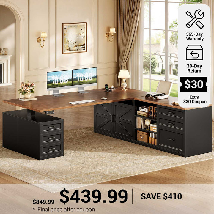 SEDETA® 71 Inch Height Adjustable Electric Standing Desk with 6 Drawers L Shaped Office Desk with Power Outlet Sit Stand Large Computer Desk with Storage Shelves