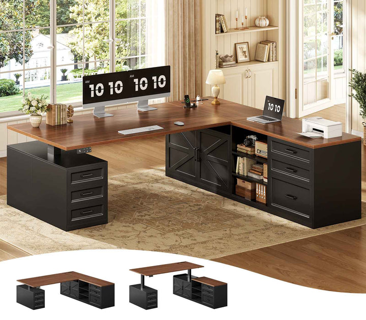 SEDETA® 71 Inch Height Adjustable Electric Standing Desk with 6 Drawers L Shaped Office Desk with Power Outlet Sit Stand Large Computer Desk with Storage Shelves