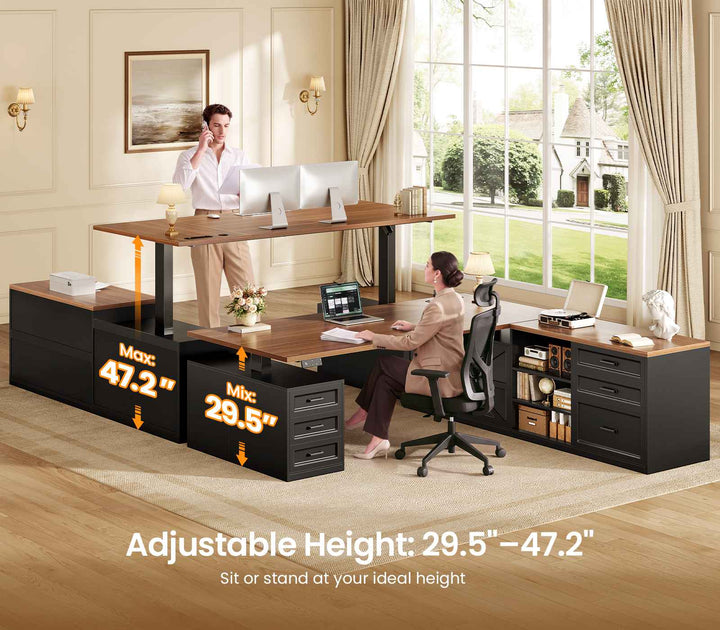SEDETA® 71 Inch Height Adjustable Electric Standing Desk with 6 Drawers L Shaped Office Desk with Power Outlet Sit Stand Large Computer Desk with Storage Shelves