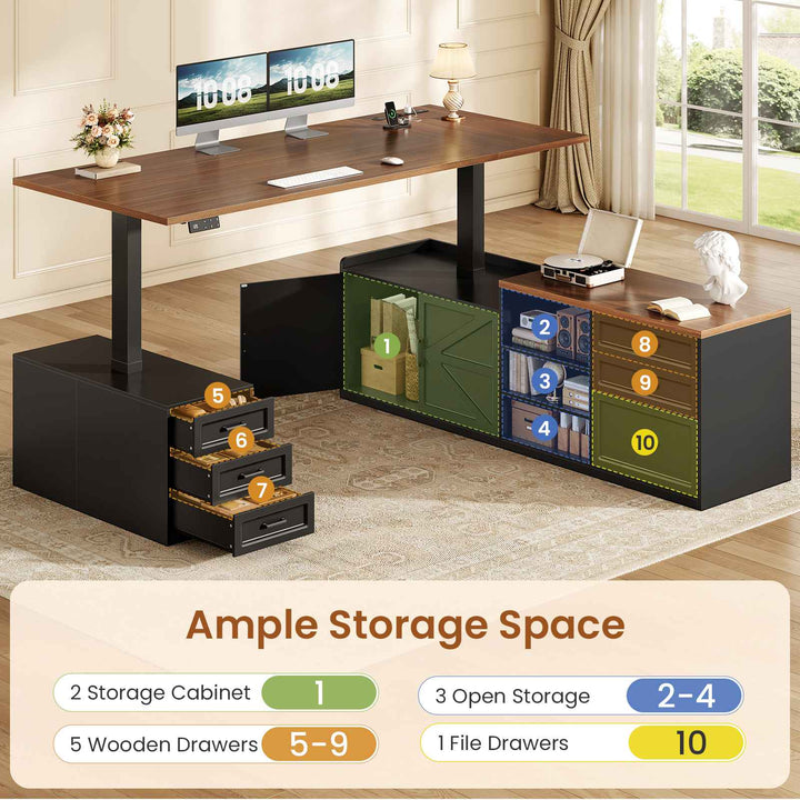 SEDETA® 71 Inch Height Adjustable Electric Standing Desk with 6 Drawers L Shaped Office Desk with Power Outlet Sit Stand Large Computer Desk with Storage Shelves