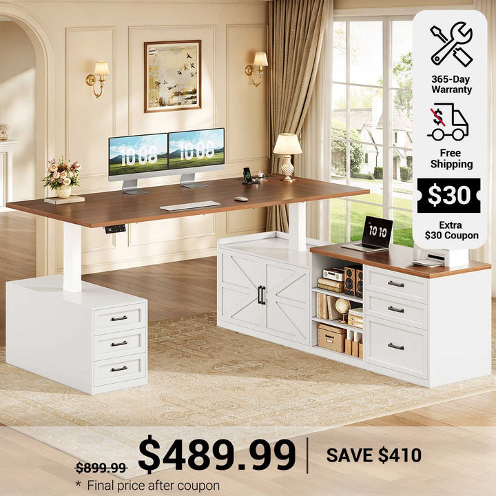SEDETA 71 Inch Executive L Shaped Electric Standing Desk with 6 Drawers Height Adjustable Office Desk with Power Outlet Sit Stand Large Computer Desk with Storage Shelves