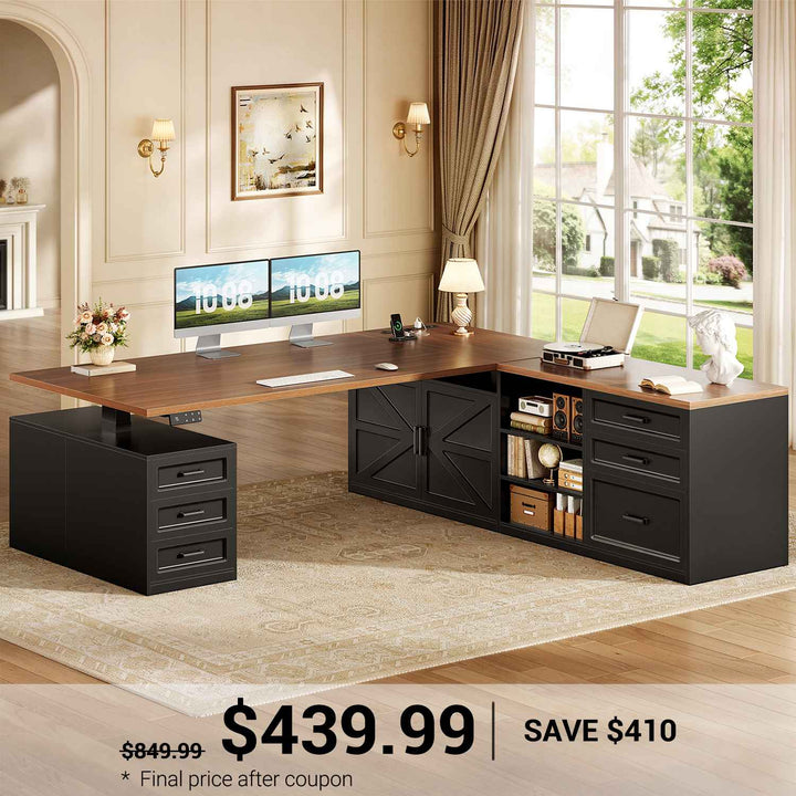 SEDETA® 71 Inch Height Adjustable Electric Standing Desk with 6 Drawers L Shaped Office Desk with Power Outlet Sit Stand Large Computer Desk with Storage Shelves