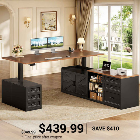 SEDETA | 71 Inch Height Adjustable Electric Standing Desk with 6 Drawers Sit Stand Large Computer Desk with Storage Shelves L Shaped Office Desk with Power Outlet