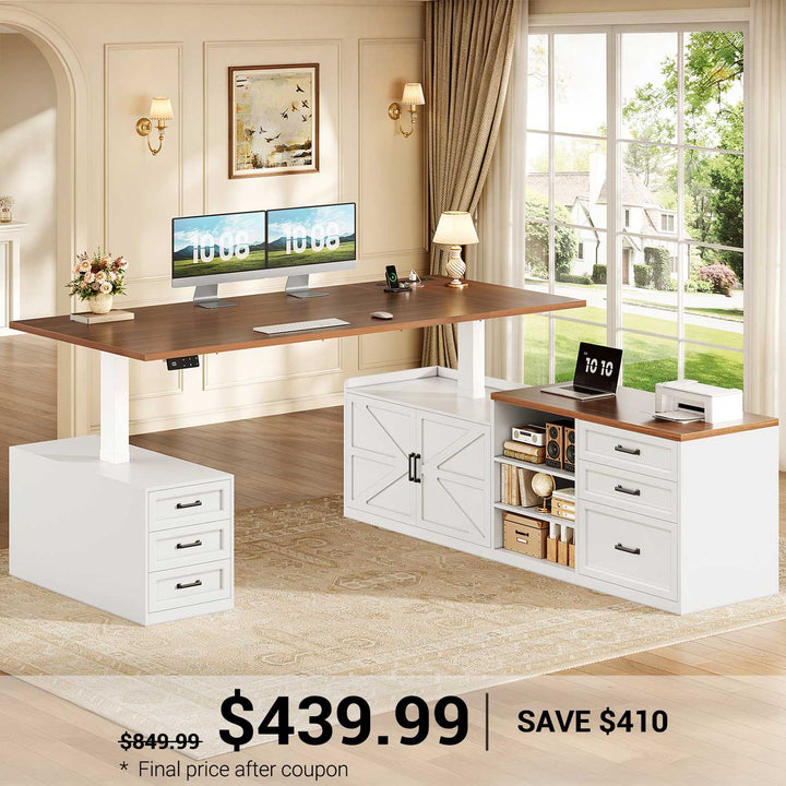 SEDETA® 71 Inch Height Adjustable Electric Standing Desk with 6 Drawers L Shaped Office Desk with Power Outlet Sit Stand Large Computer Desk with Storage Shelves