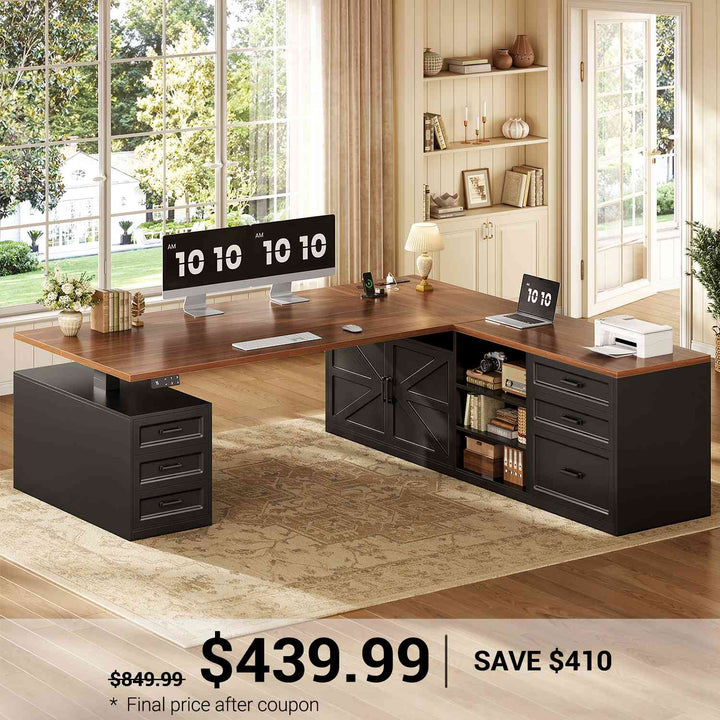 SEDETA® 71 Inch Height Adjustable Electric Standing Desk with 6 Drawers L Shaped Office Desk with Power Outlet Sit Stand Large Computer Desk with Storage Shelves