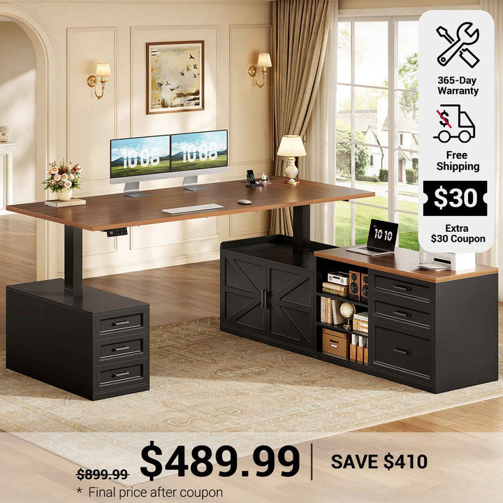 SEDETA 71 Inch Executive L Shaped Electric Standing Desk with 6 Drawers Height Adjustable Office Desk with Power Outlet Sit Stand Large Computer Desk with Storage Shelves