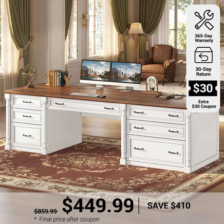 SEDETA 70.8 Inch Office Executive Desk with 7 Storage Drawers Charging Station Wood Computer Desk with 2 File Drawers Writing Desk Study Table
